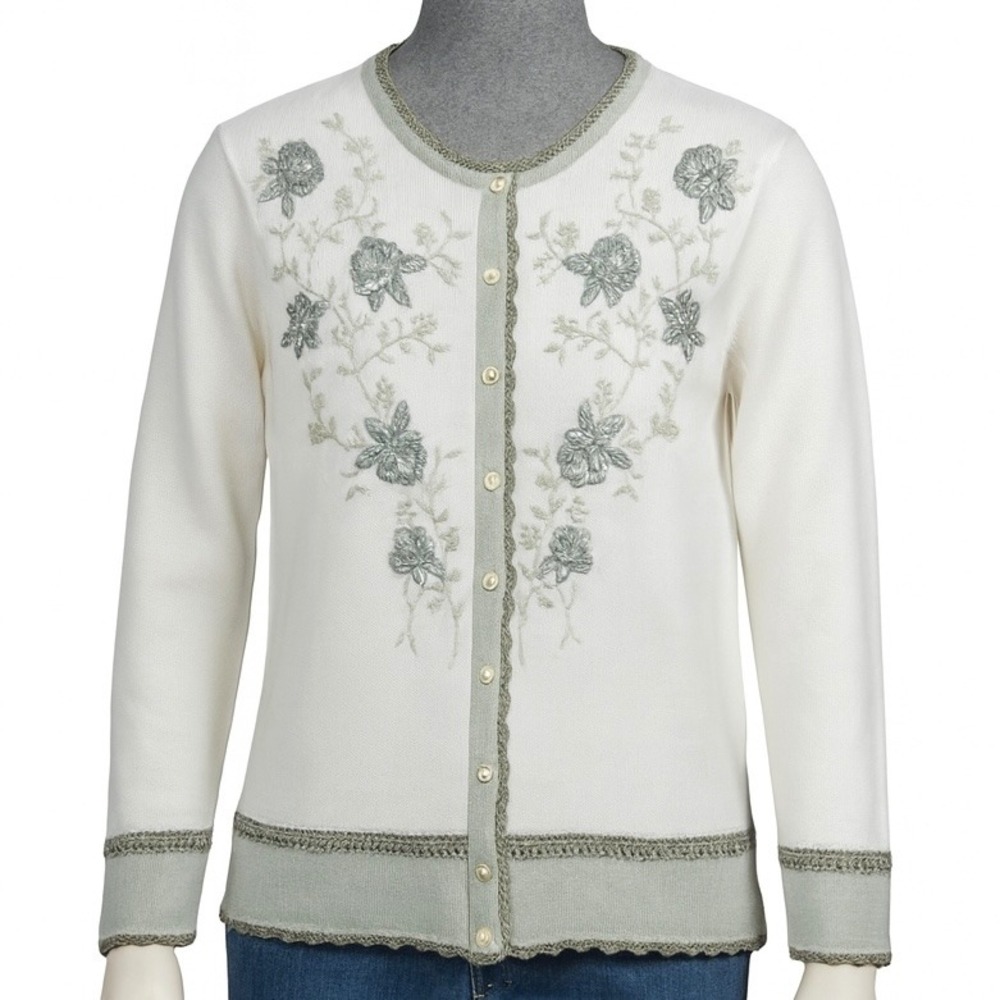 Vintage Y2K Jenny Floral Embroidered Cardigan Sweater Womens Small White Green